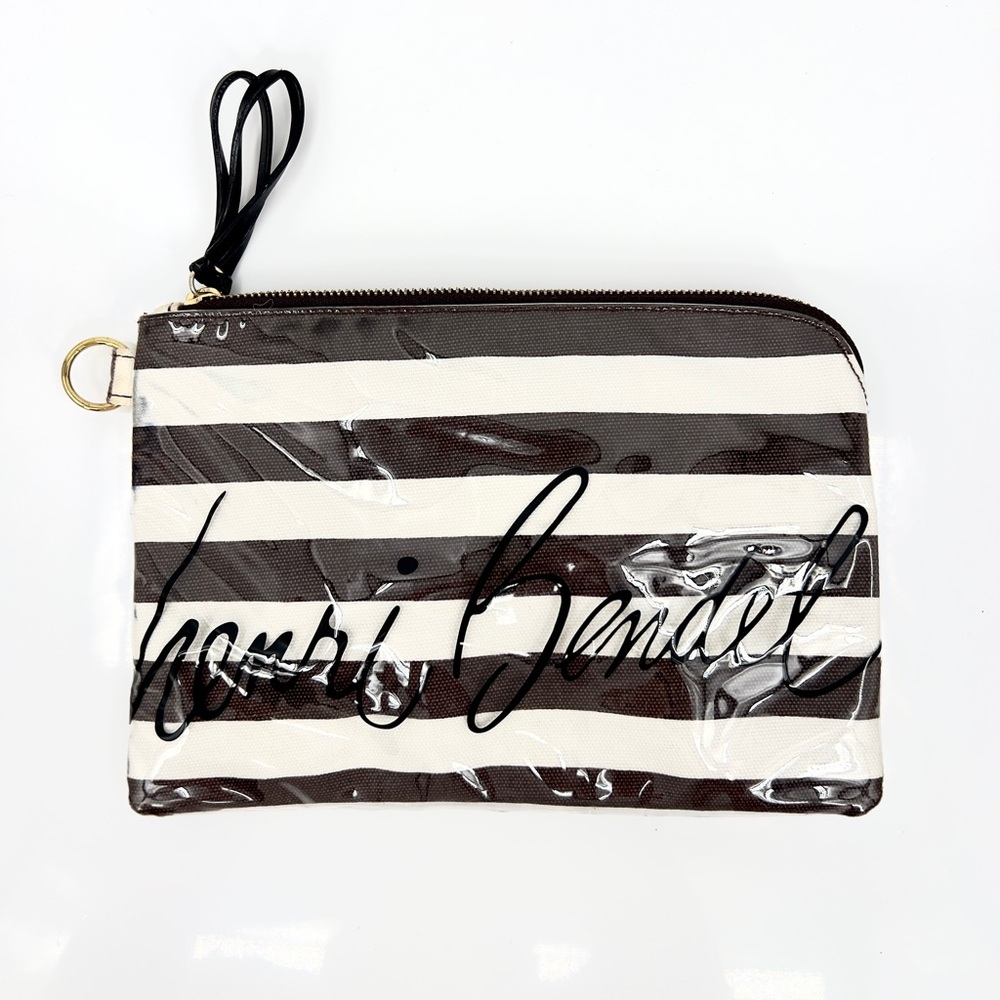Henri Bendel Brown Cream Striped Wristlet Pouch Makeup Cosmetic Case signature
